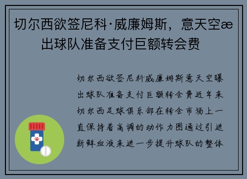 切尔西欲签尼科·威廉姆斯，意天空曝出球队准备支付巨额转会费