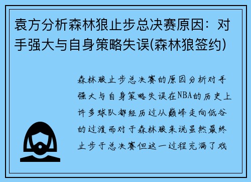 袁方分析森林狼止步总决赛原因：对手强大与自身策略失误(森林狼签约)